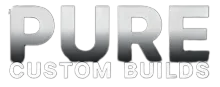 The company logo reads "PURE" in large, metallic, gradient-shaded letters above "CUSTOM BUILDS" in a white outline font.