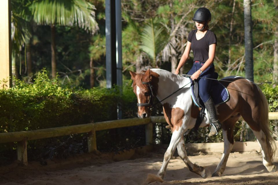 A Woman Is Riding A Brown And White Horse In A Fenced In Area — Merrypark Equestrian Centre In Eumundi, QLD