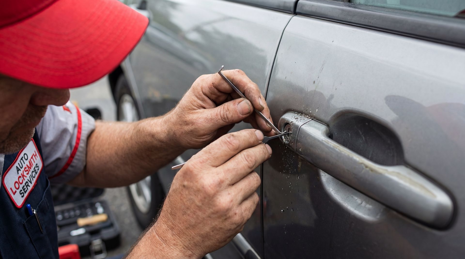 Man in red cap picks car door lock with tools.