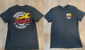 The front and back of a black t-shirt with a wrench on it. | Tiny's Automotive