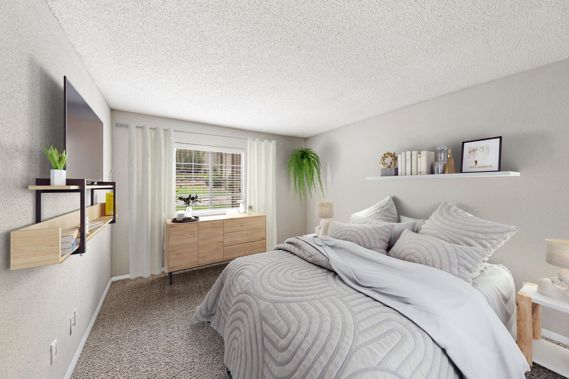 A bedroom with a bed , dresser , television and window.