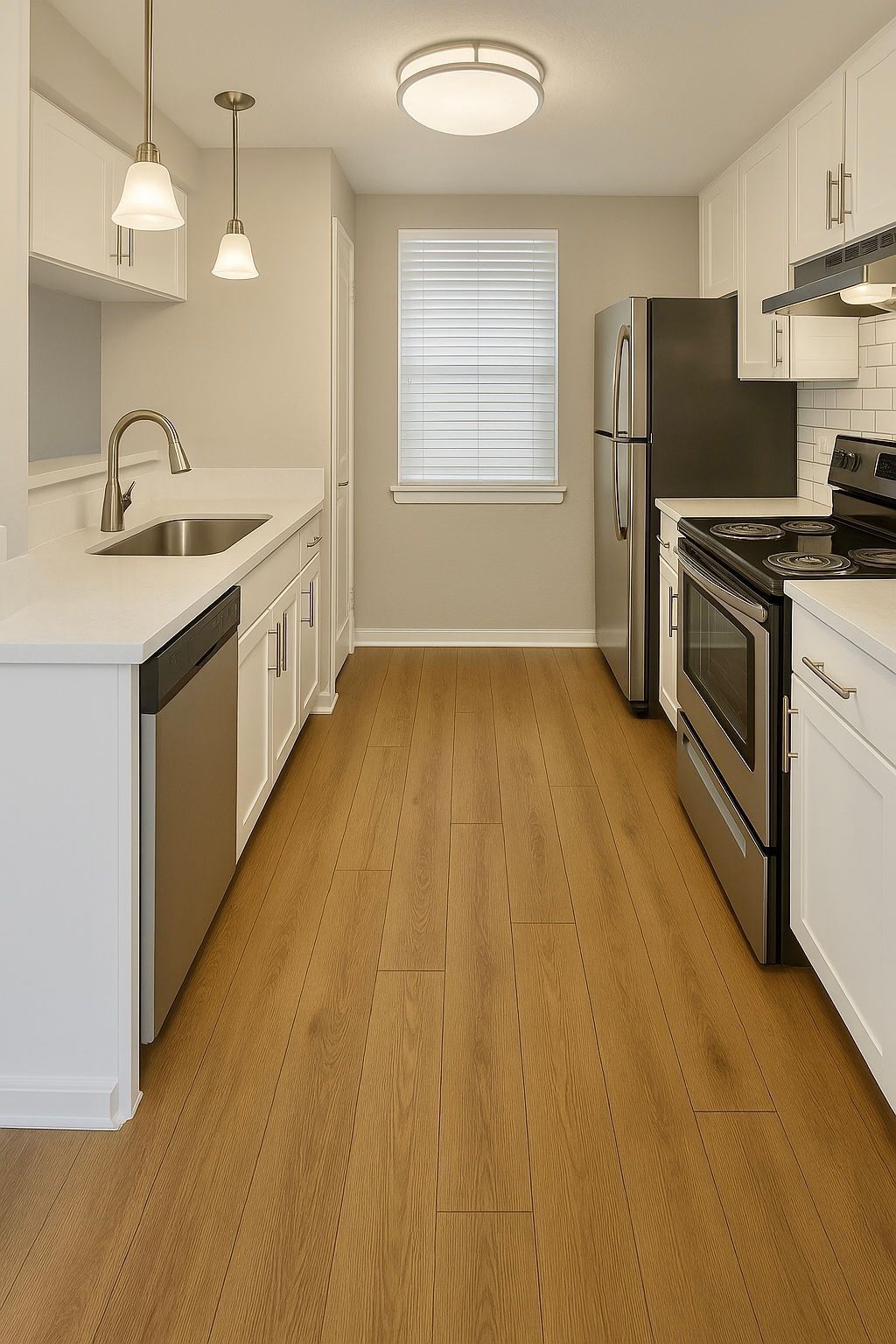 Modern kitchen with white cabinets, stainless steel appliances, and light wood floors.