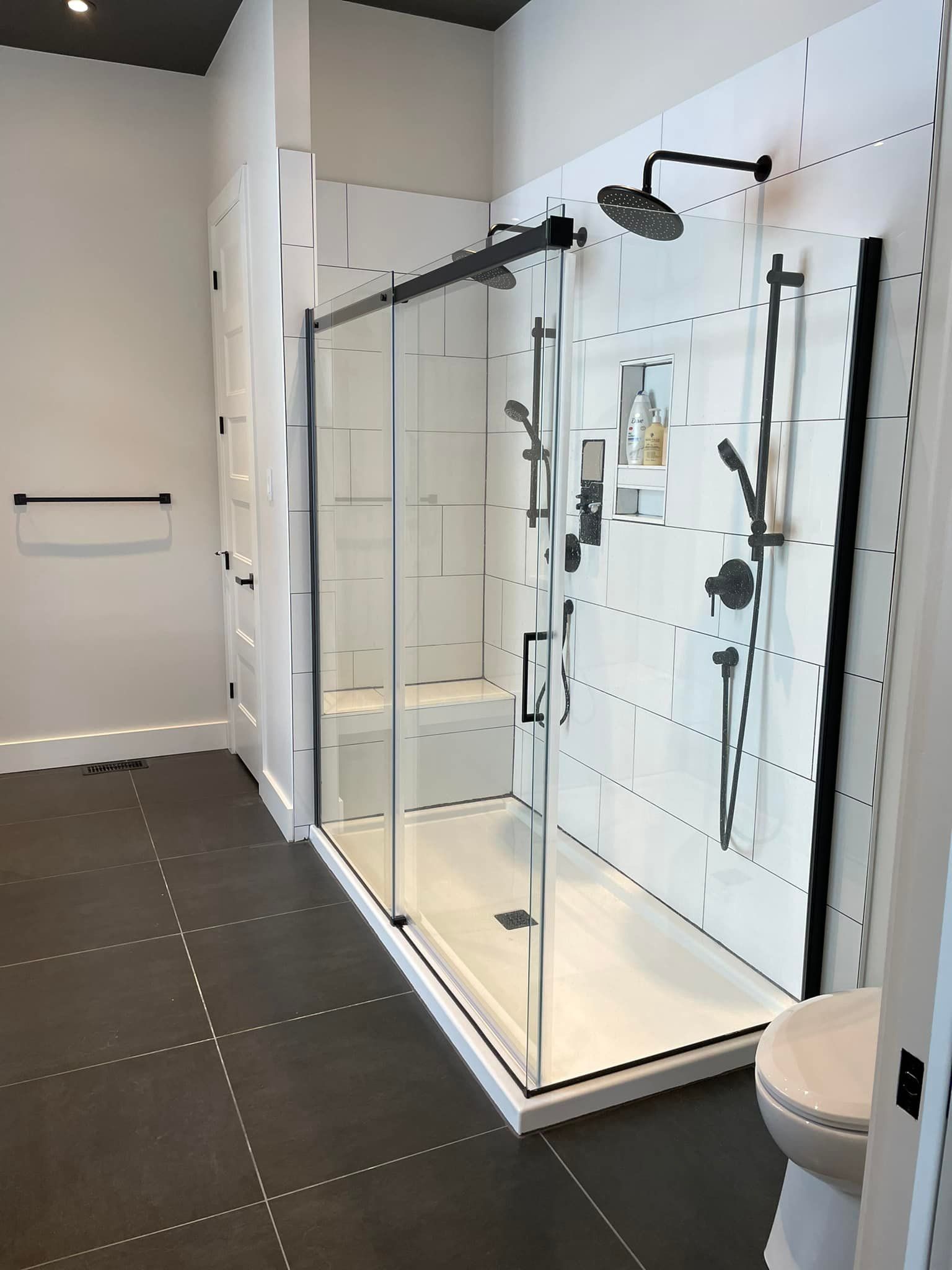 Une salle de bain avec douche à l'italienne et toilettes