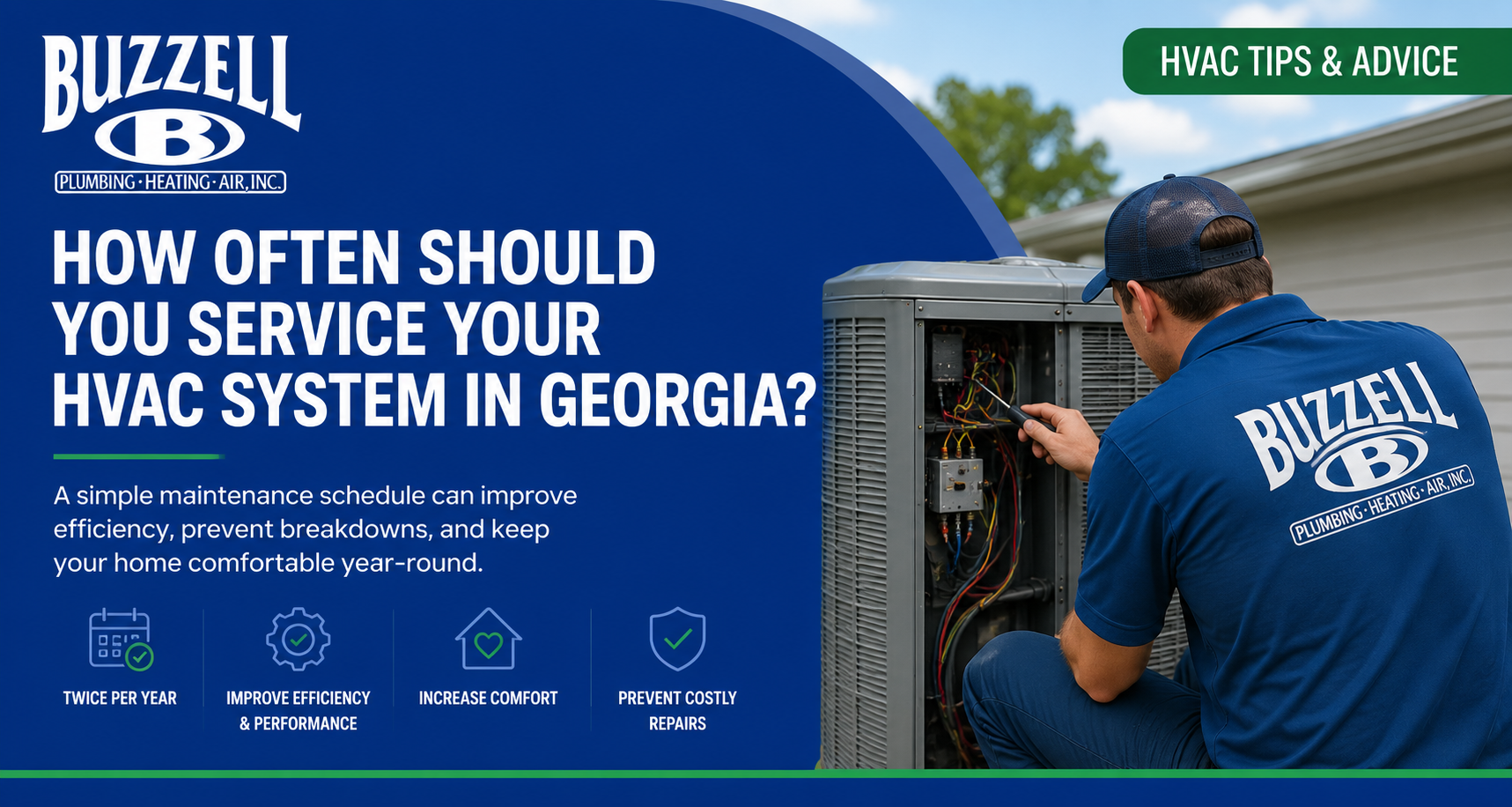 Buzzell HVAC ad with technician servicing an outdoor AC unit and text about HVAC maintenance in Georgia