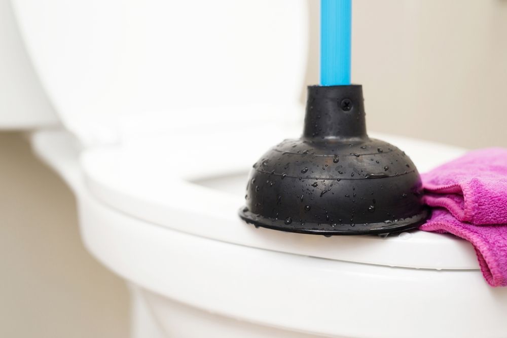 A plunger is sitting on top of a toilet next to a pink towel.