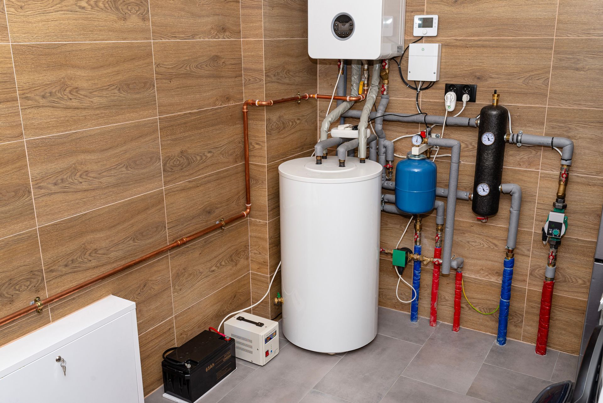 A room with a water heater and a lot of pipes.