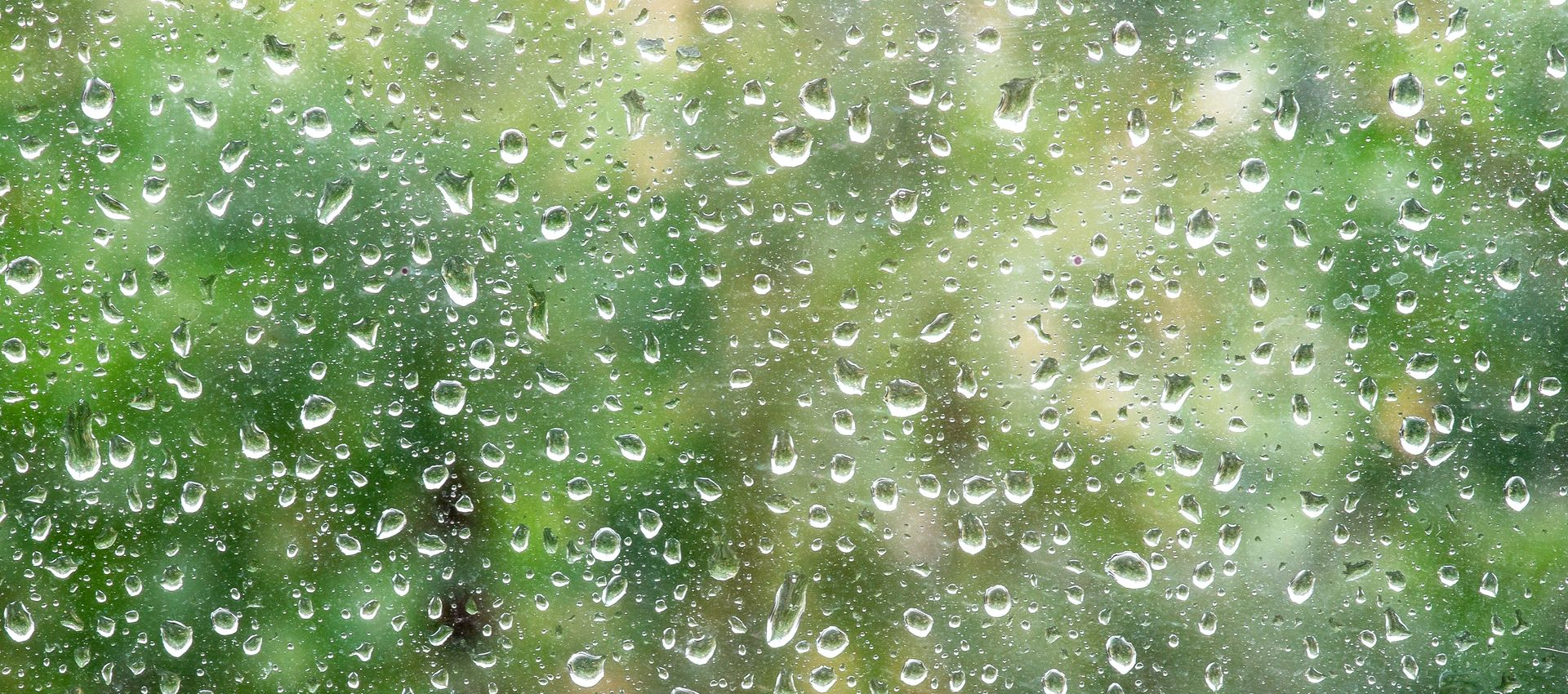 Raindrops on a window, blurred green background, close-up, droplets of water, light.