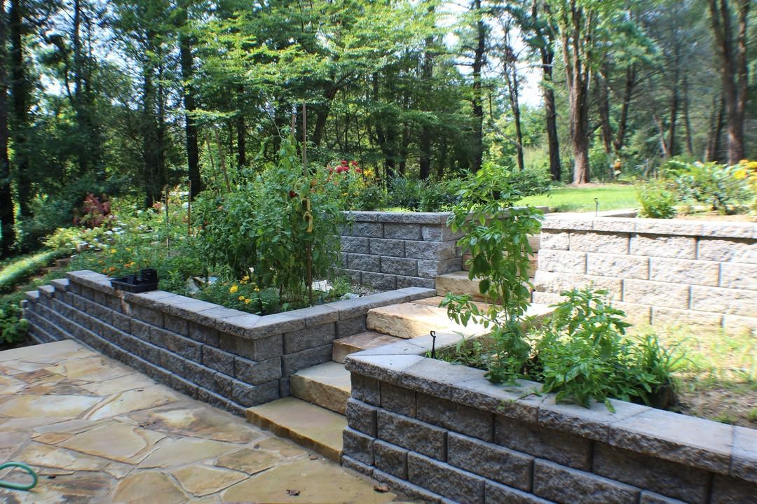 Stone retaining walls with plants and steps, leading to garden beds, wooded background.