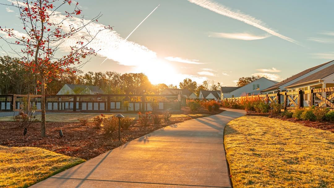 A path leads toward the sunrise between buildings and fall foliage.