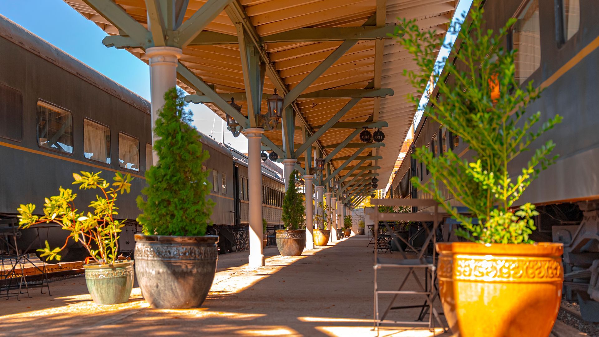 Train platform with potted plants and shade, beside rail cars.
