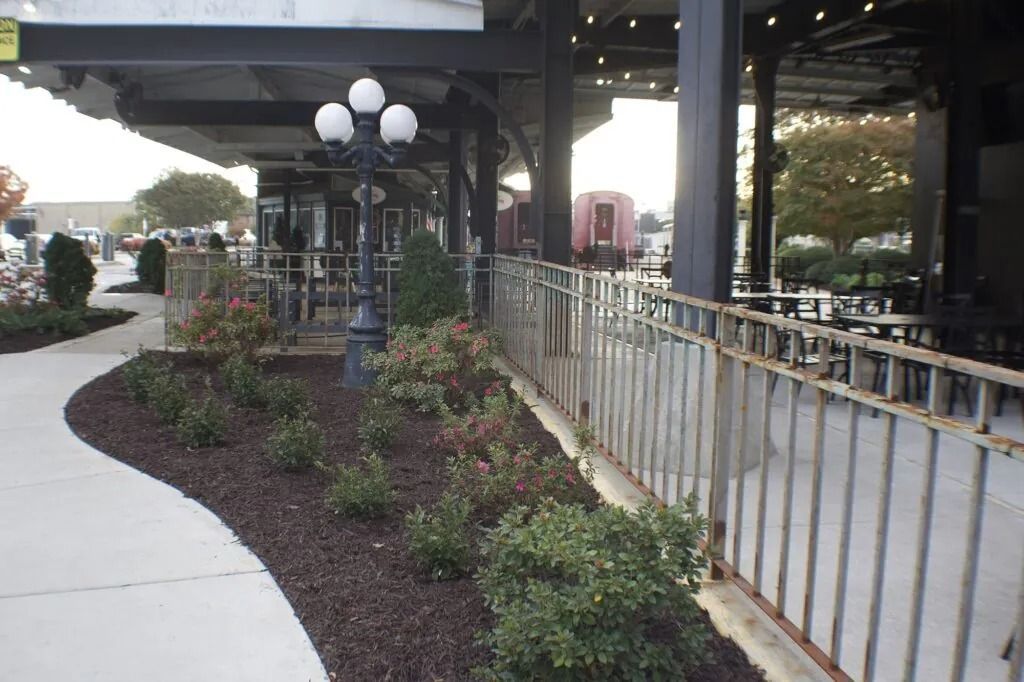 Sidewalk by a building with a canopy, landscaping with bushes and a decorative lamp post, and a metal fence.