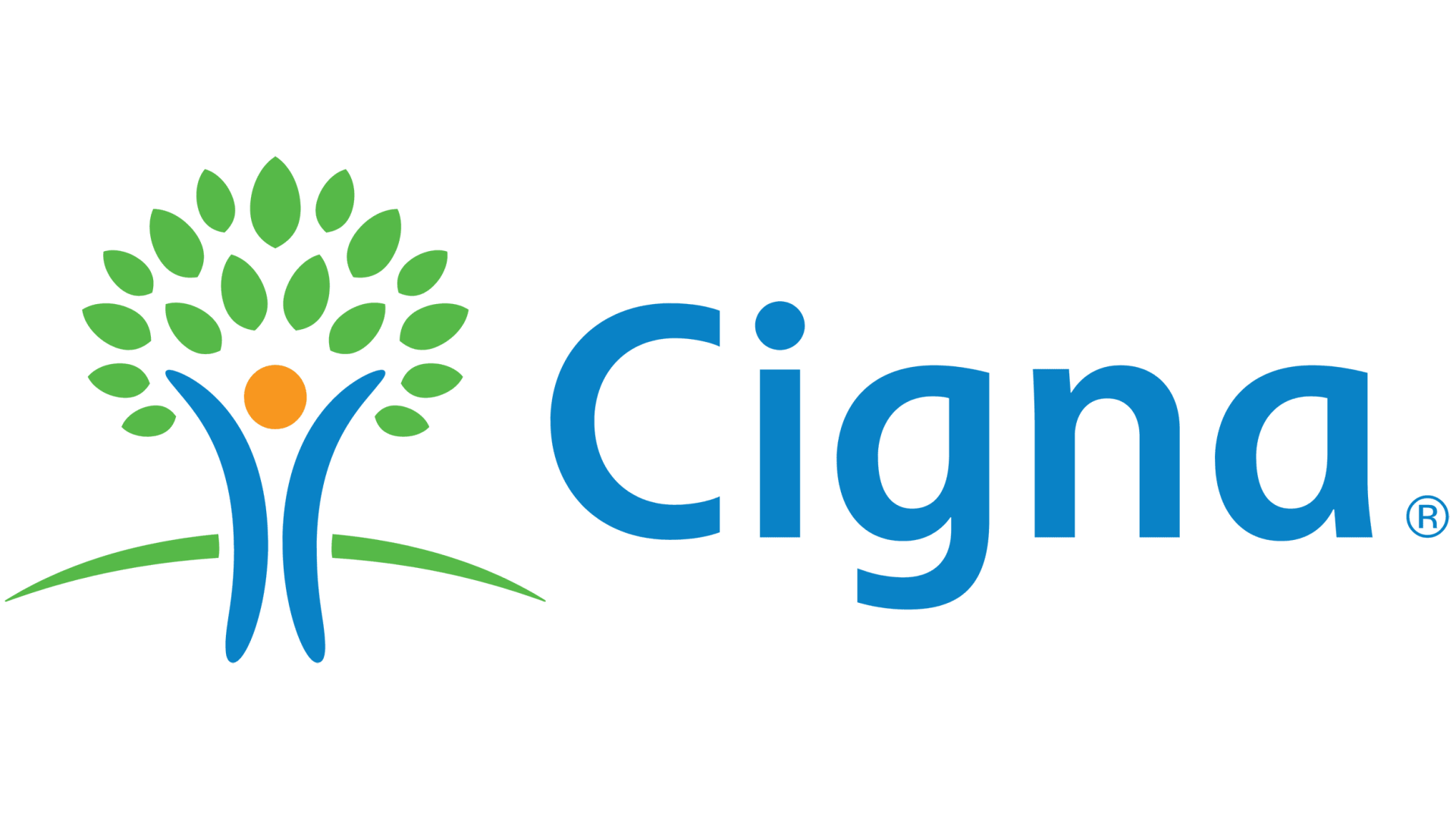 A cigna logo with a tree and a person in the middle.