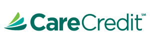 The logo for carecredit is green and white with a green leaf.