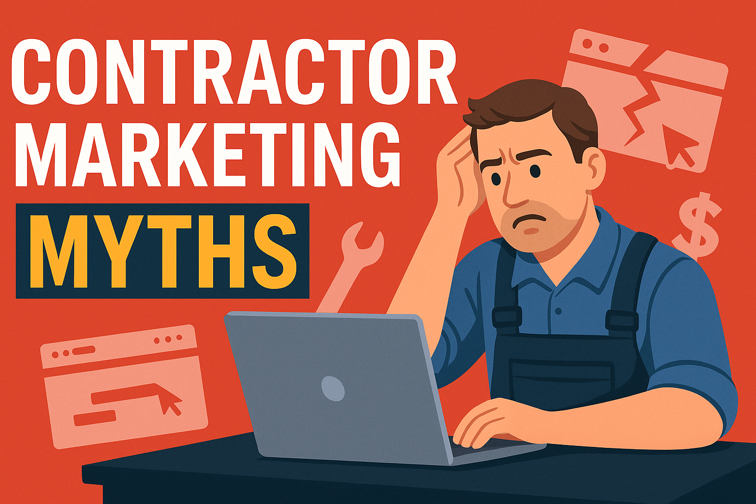 Frustrated contractor at laptop surrounded by broken marketing icons. 