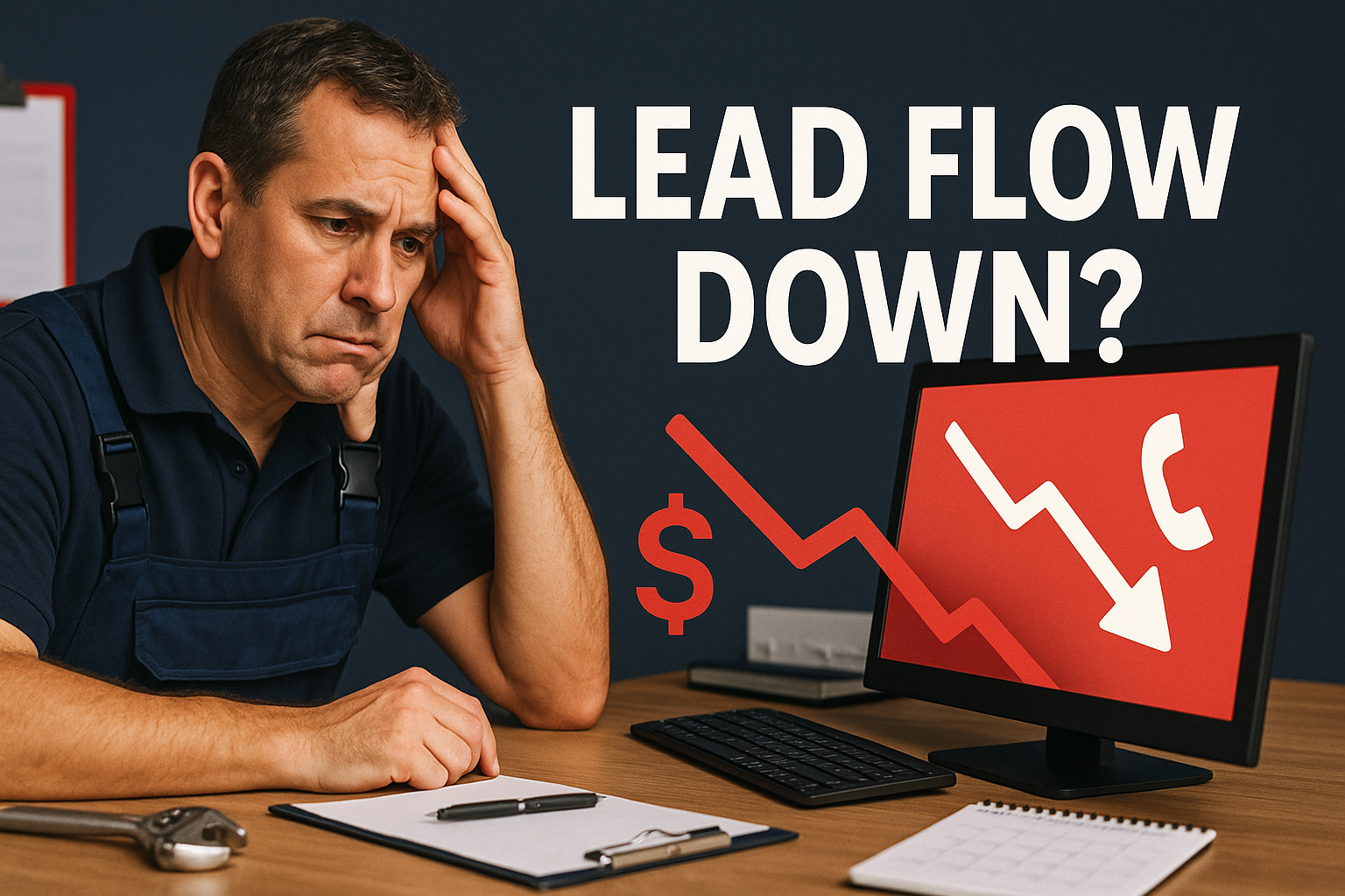 Stressed HVAC contractor at messy desk viewing declining leads graph with 'Lead Flow Down?' text on 