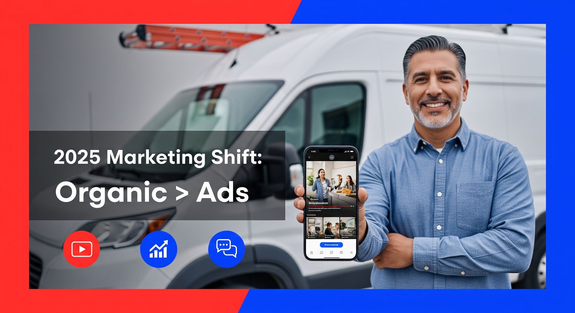 Contractor holding phone showing video with text “2025 Marketing Shift: Organic > Ads” next to service van.
