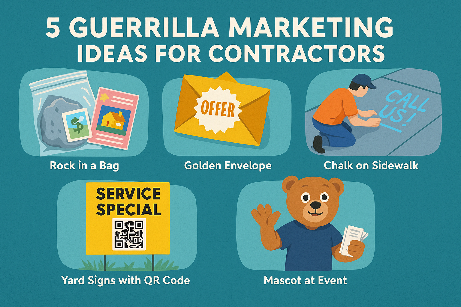 Illustration showing five guerrilla marketing ideas for contractors: rock in a bag with a postcard, golden envelope offer, sidewalk chalk message, yard sign with QR code, and mascot handing out flyers at an event.
