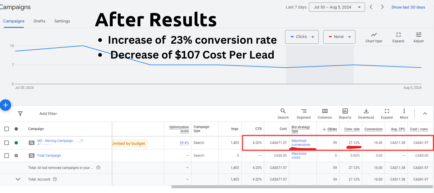 Google ads results after