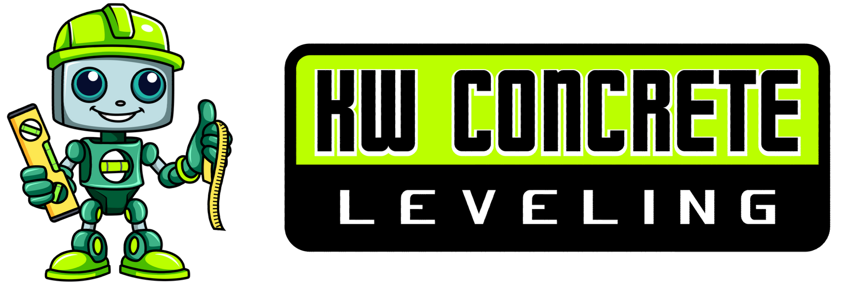 The logo for hw concrete leveling shows a robot holding a level.