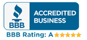 A blue and white badge that says `` accredited business bbb rating : a ''.