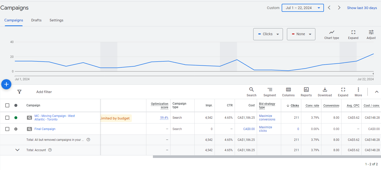 Google ads result screenshot showing conversion cost, cost, avg cpc, and clicks for handyman