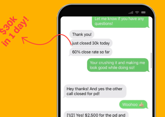 A cell phone with a message that says $ 30k in 1 day