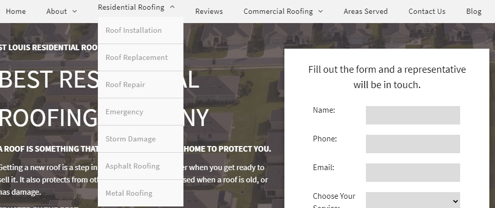 roofing website design max conversion page menu dropdown