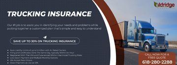 A truck is driving down a highway on a trucking insurance advertisement.