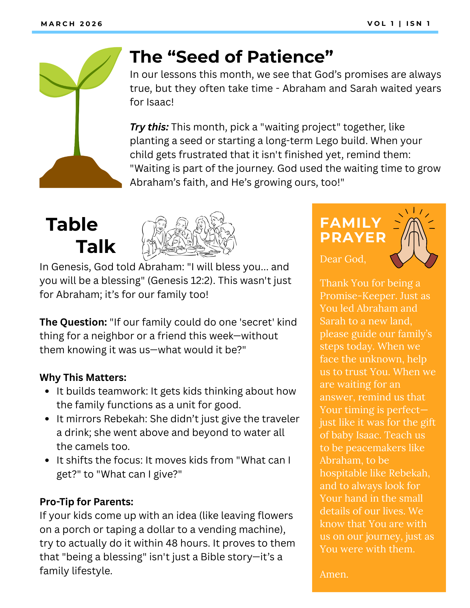 A newsletter about patience; includes a growing seedling, talk topics, and family prayer guide.