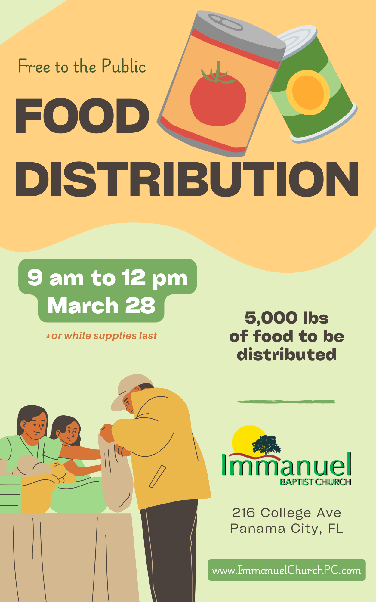 Food distribution flyer, Immanuel Baptist Church, Panama City, FL, November 22, 9am-12pm.  5,000 lbs food distributed.
