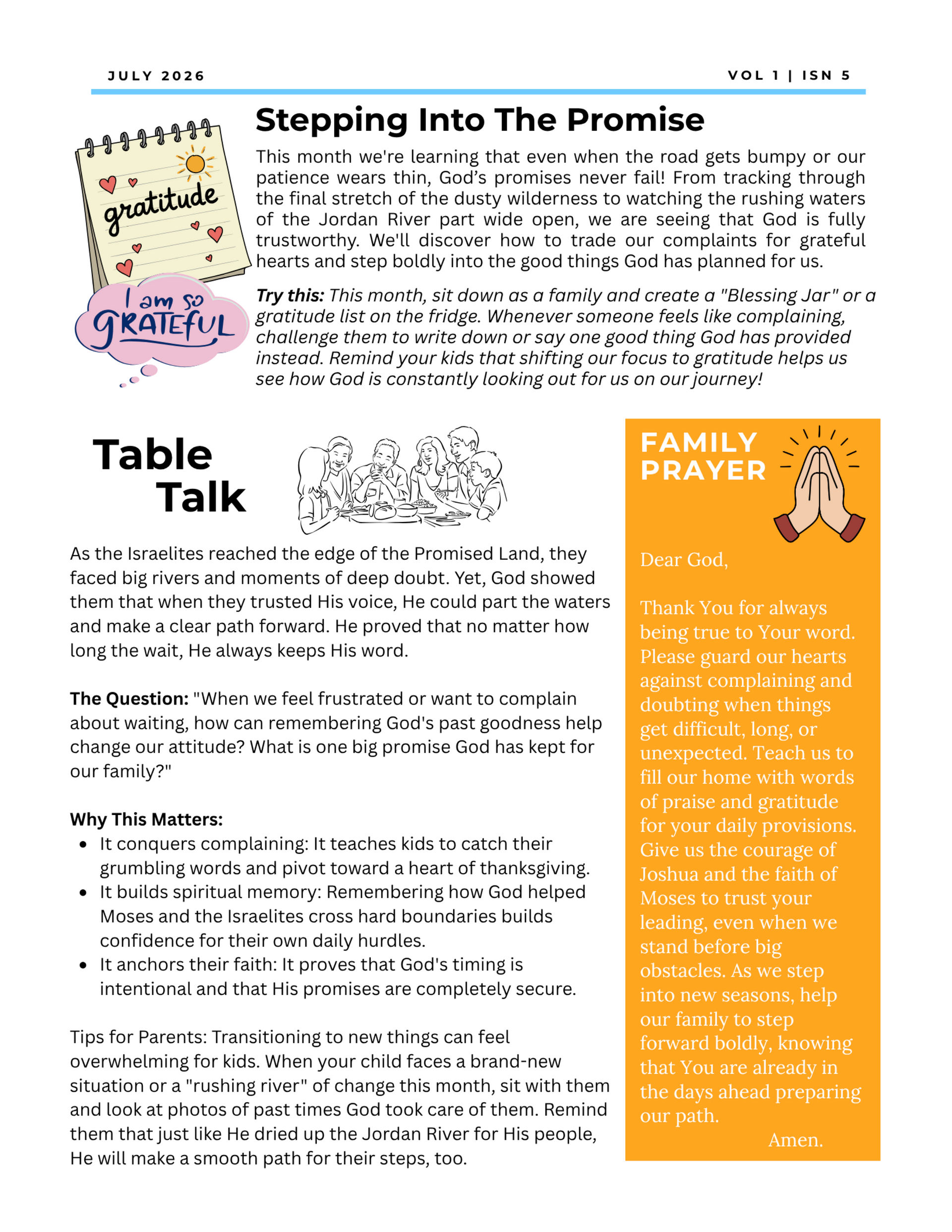 A newsletter about patience; includes a growing seedling, talk topics, and family prayer guide.