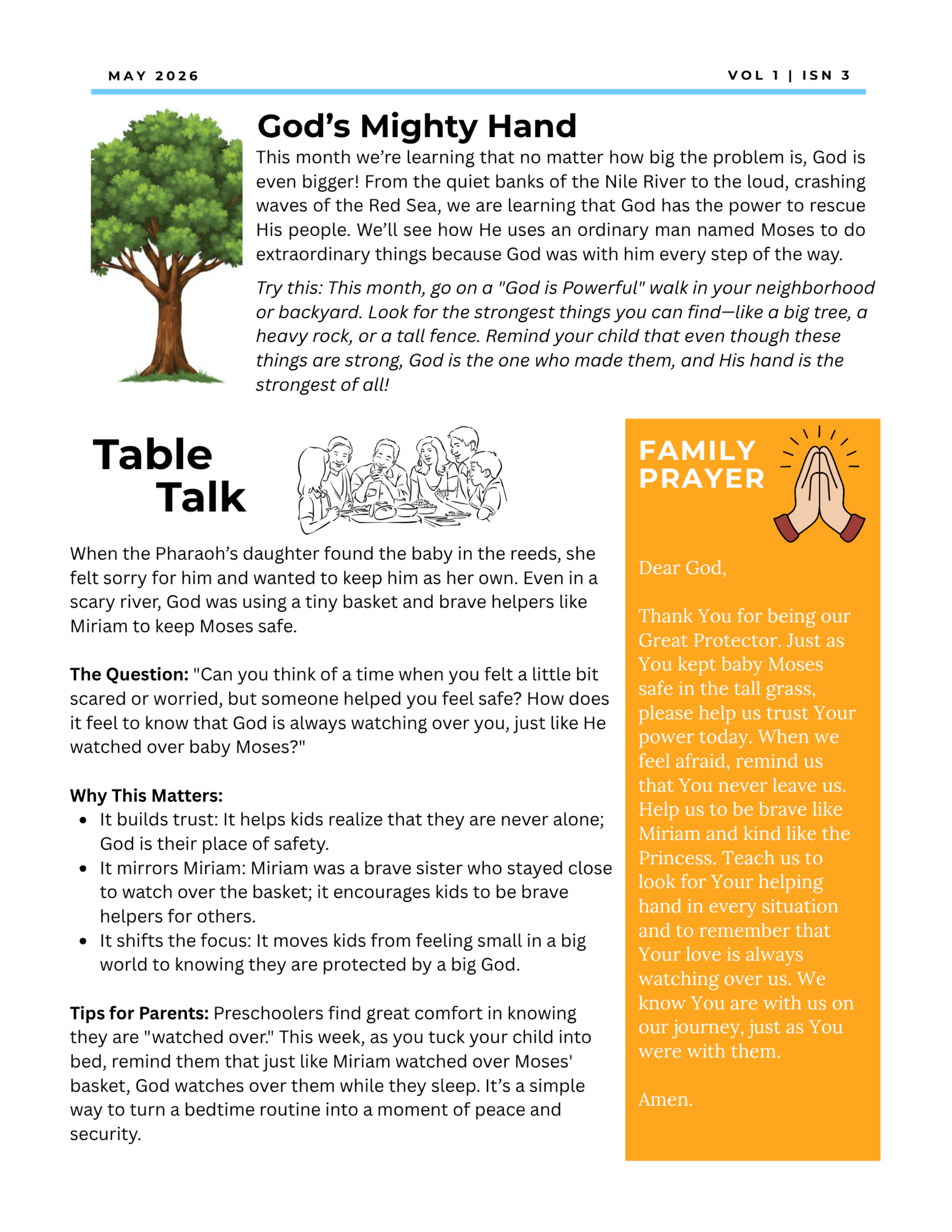 A newsletter about patience; includes a growing seedling, talk topics, and family prayer guide.