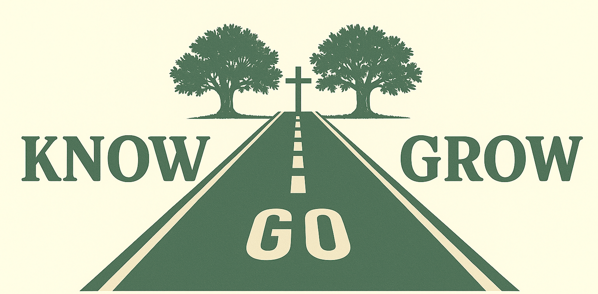 A road leads to a cross between two trees; words