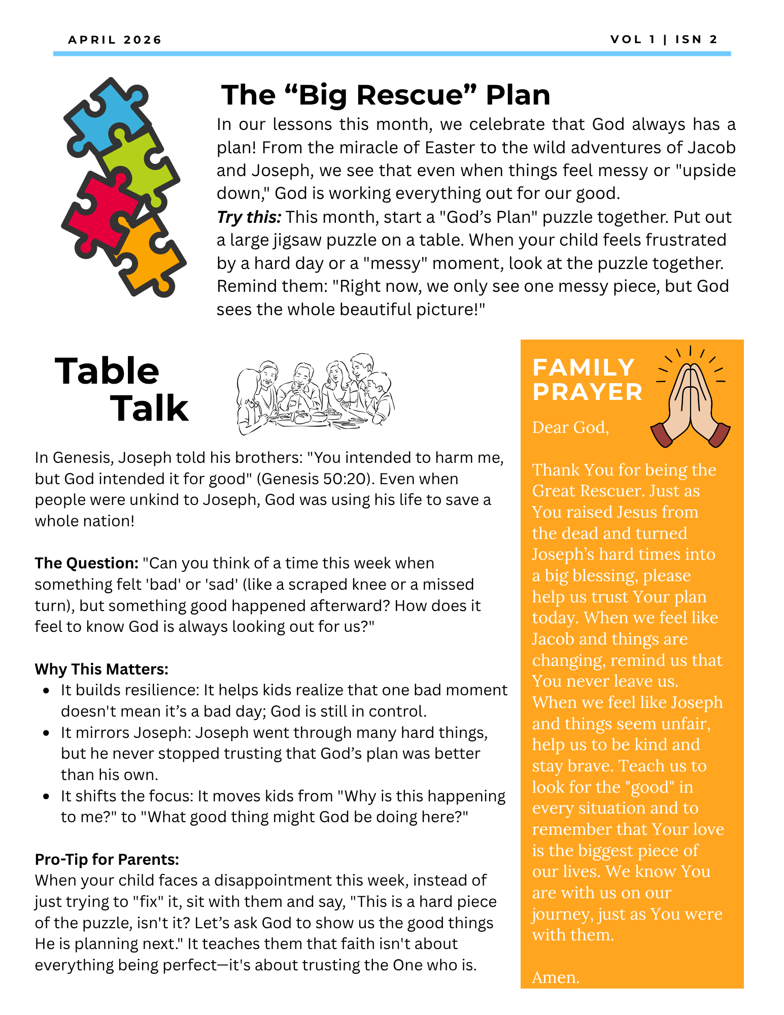 A newsletter about patience; includes a growing seedling, talk topics, and family prayer guide.