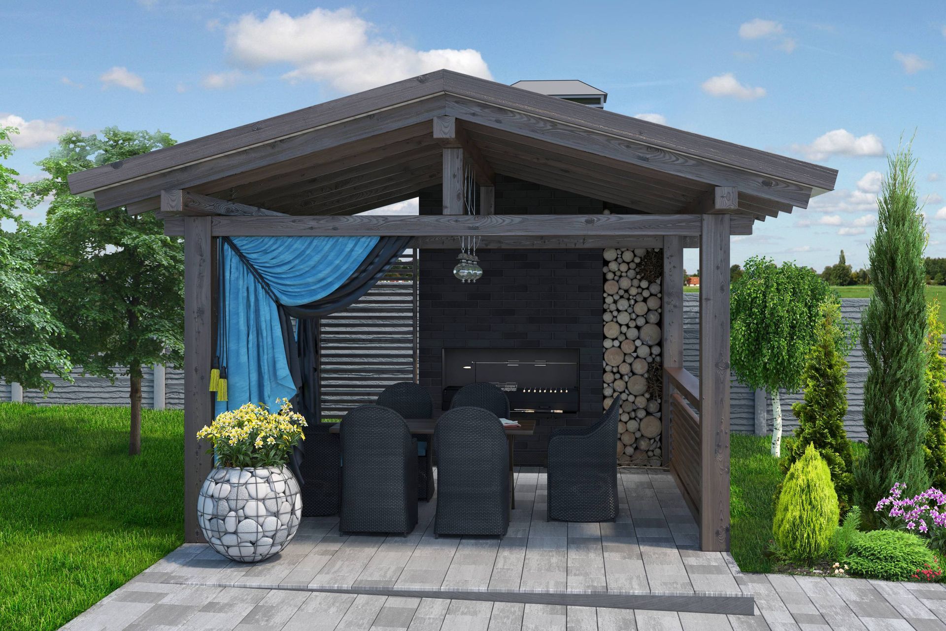 A backyard pavilion in a well-decorated area, completed with potted flowers and manicured landscaping