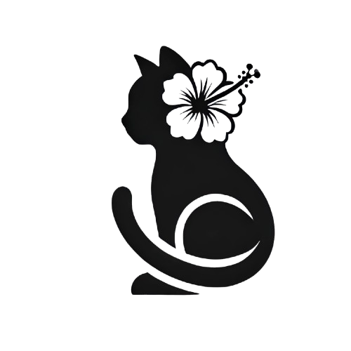 A black cat with a hibiscus flower on its head.