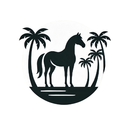 A black and white silhouette of a horse standing next to palm trees.