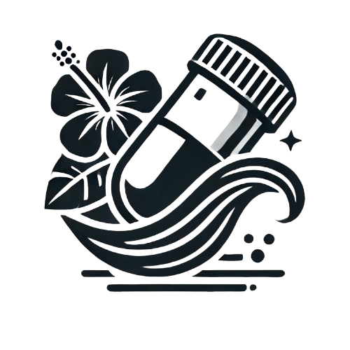 A black and white illustration of a bottle with a flower and a wave.