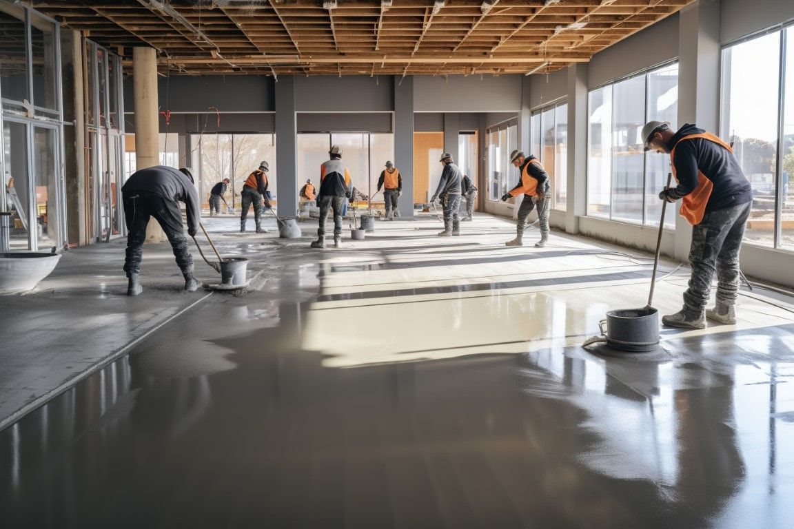 Construction workers applying concrete floor in an unfinished commercial building.