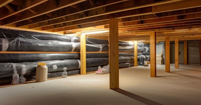 Underneath a wooden floor, rolls of black fabric on shelves and wooden support beams in a concrete room.