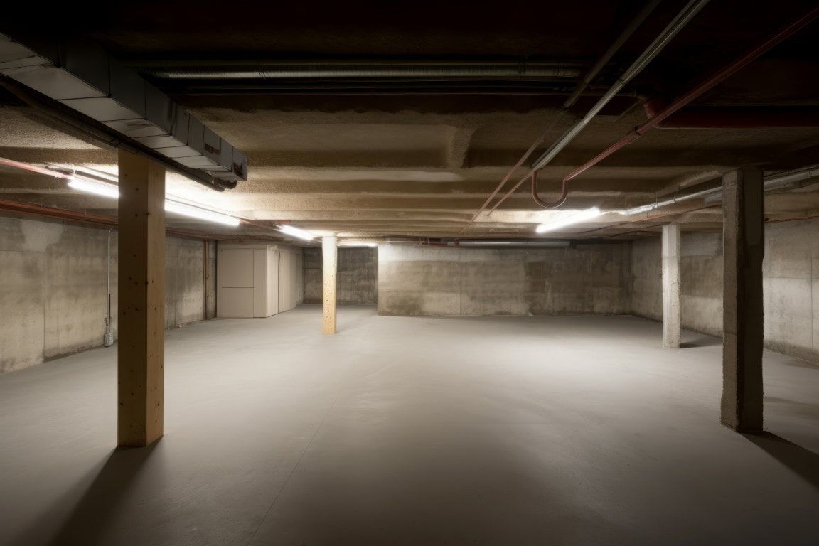 Empty basement with concrete walls, floor, support beams, and overhead lights.