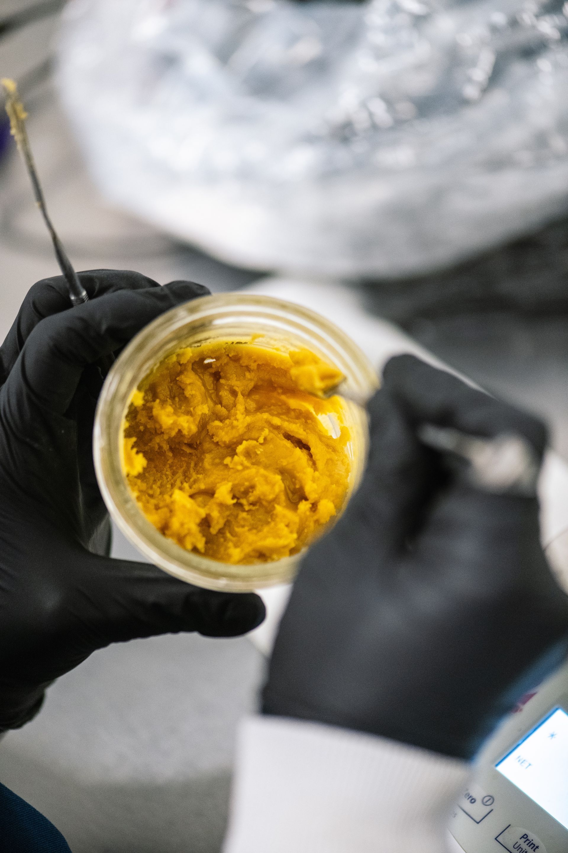 A person wearing black gloves is holding a jar of badder.