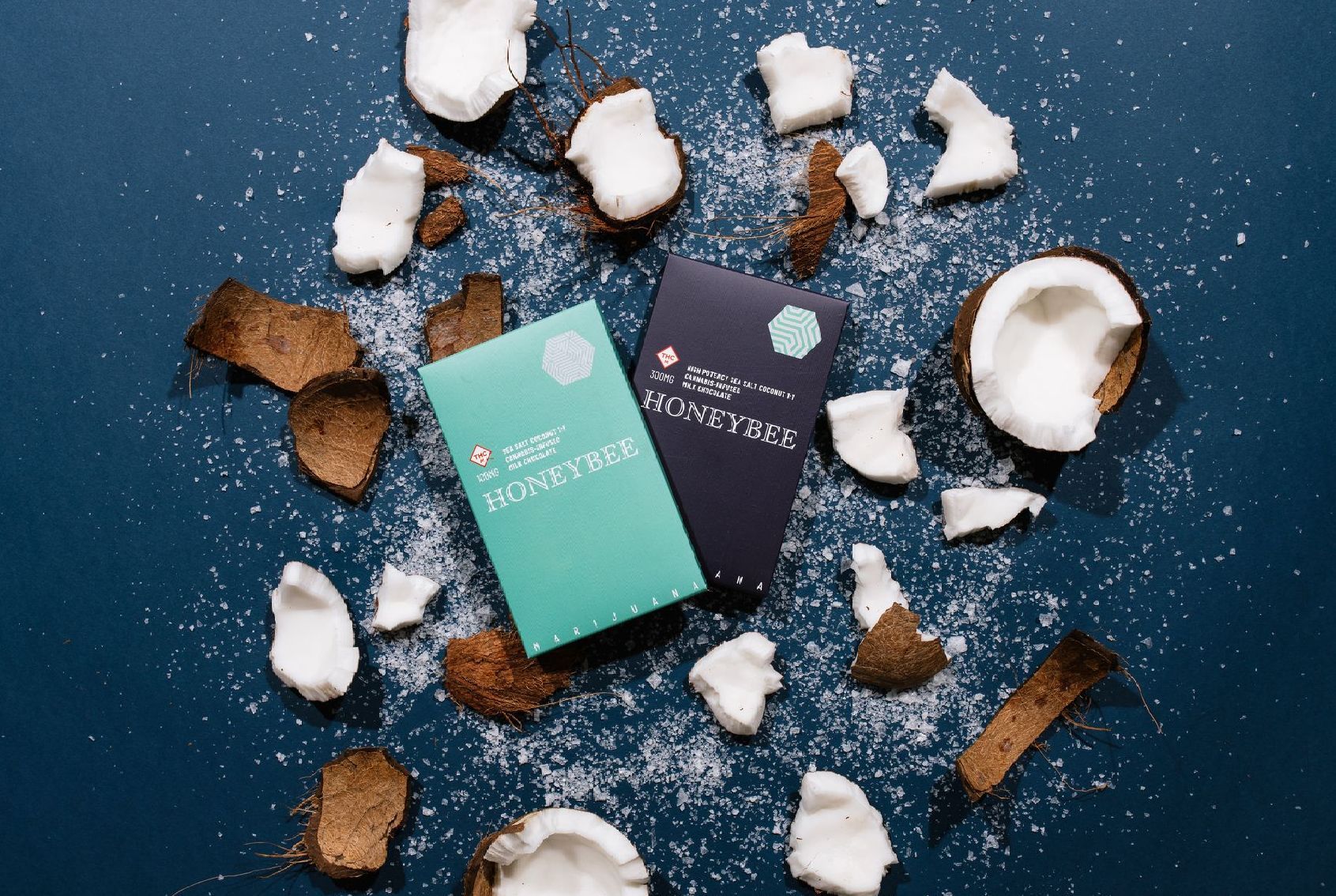 Honeybee Coconut Sea Salt Chocolate bars in a bed of coconut and salt
