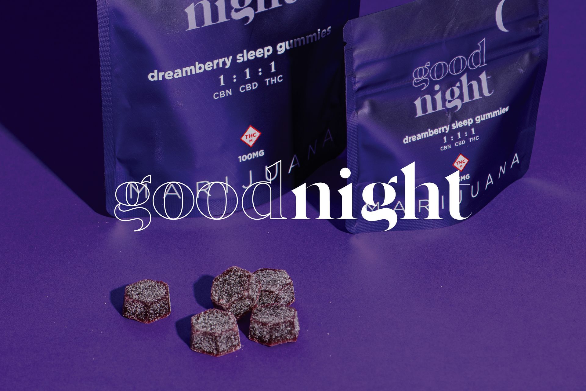Goodnight logo on photo with packaging and gumdrops