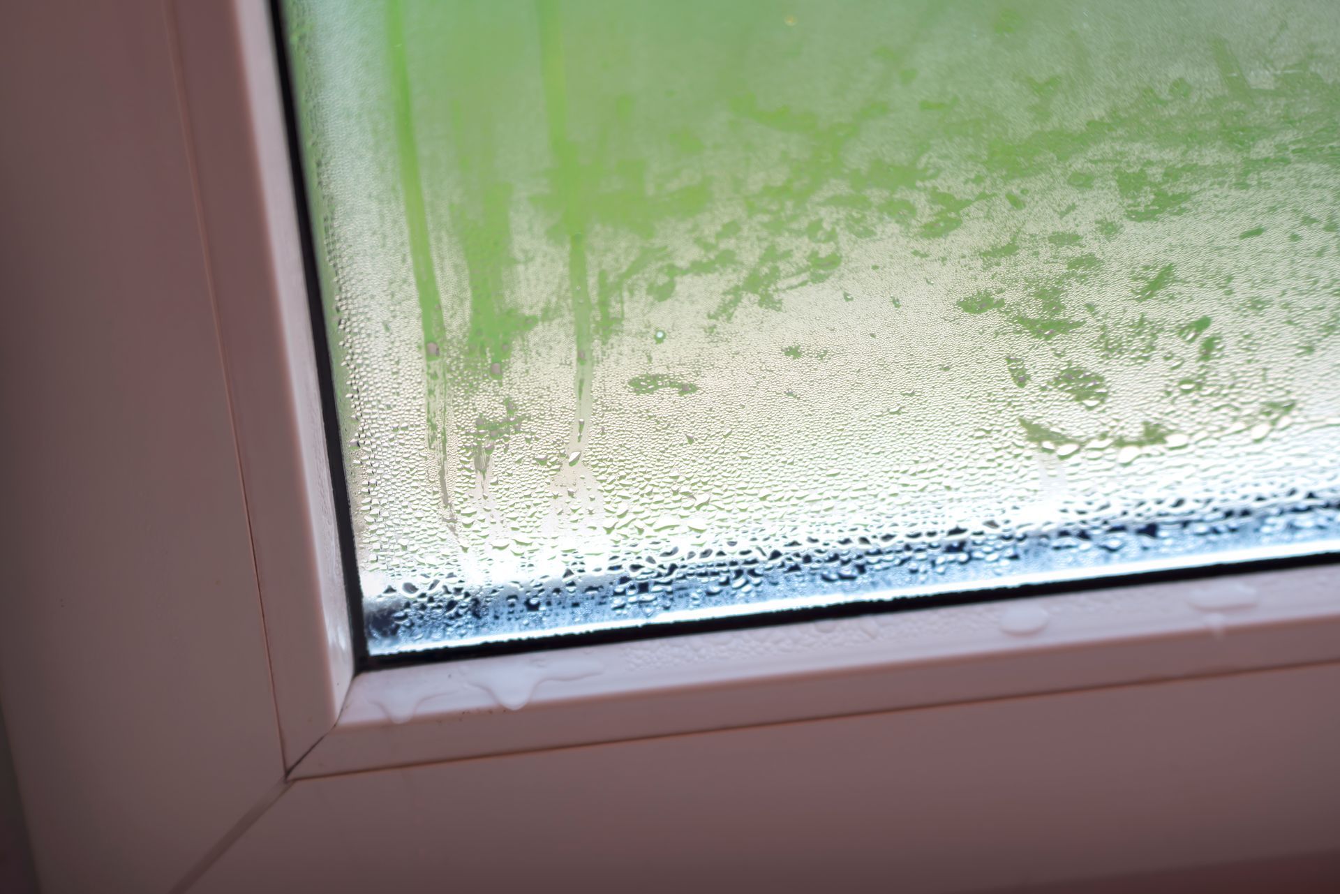 Window with condensation, droplets of water visible, white frame, green background.
