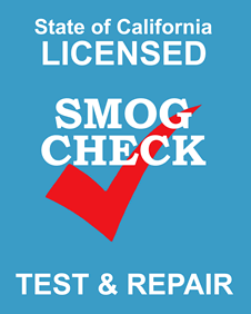California licensed smog check sign with a red checkmark on a blue background.