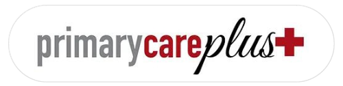 a logo for primary care plus with a red cross on a white background