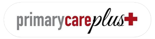 a logo for primary care plus with a red cross on a white background