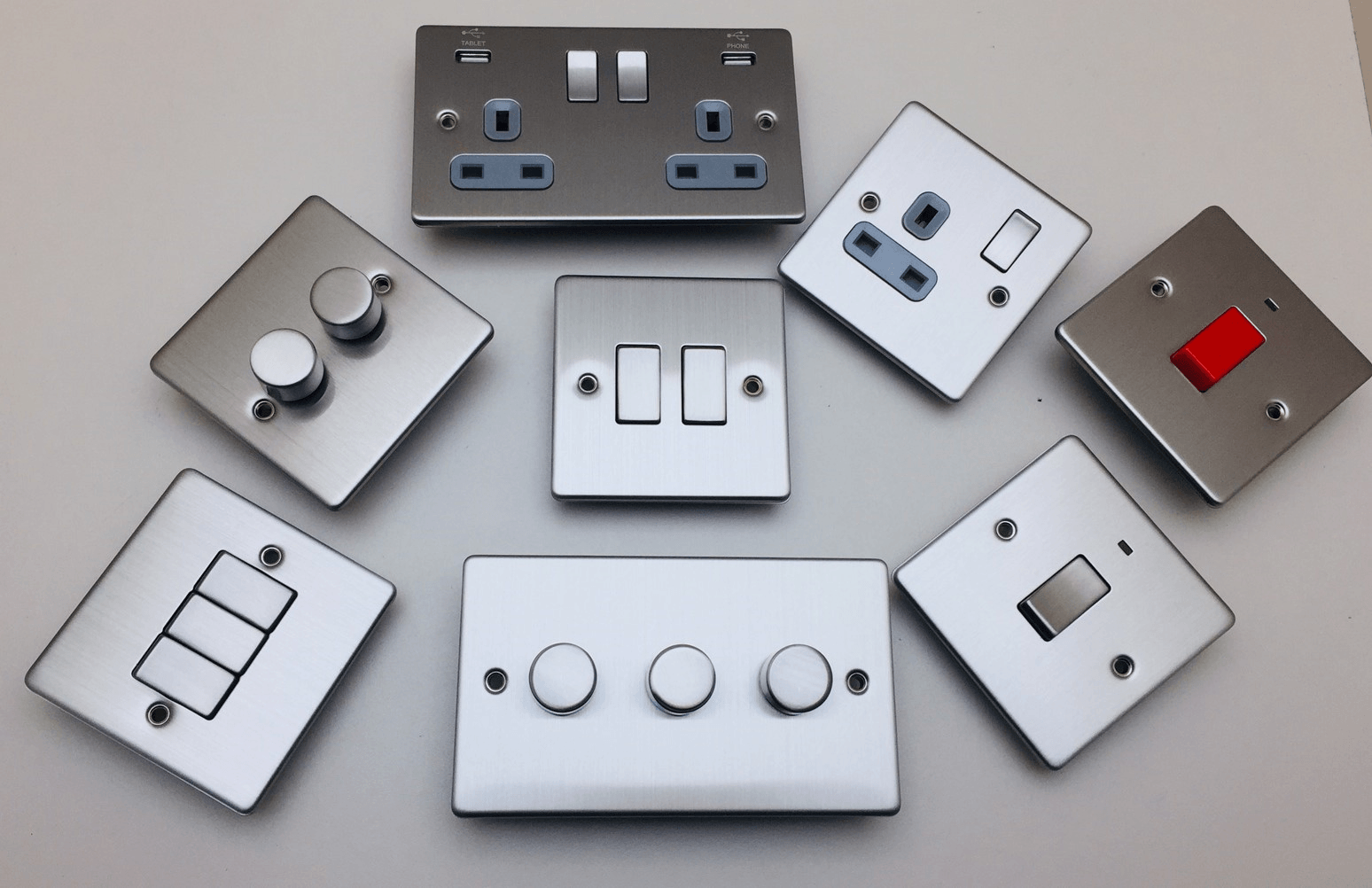 variety of dimmable switches and sockets in all colours chrome, white, anthracite, gold etc. available at our Cardiff store