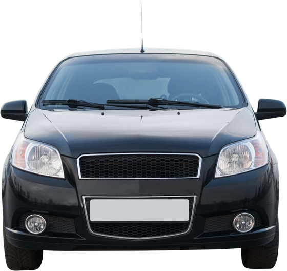 Black car, front view, license plate, headlights, grill.